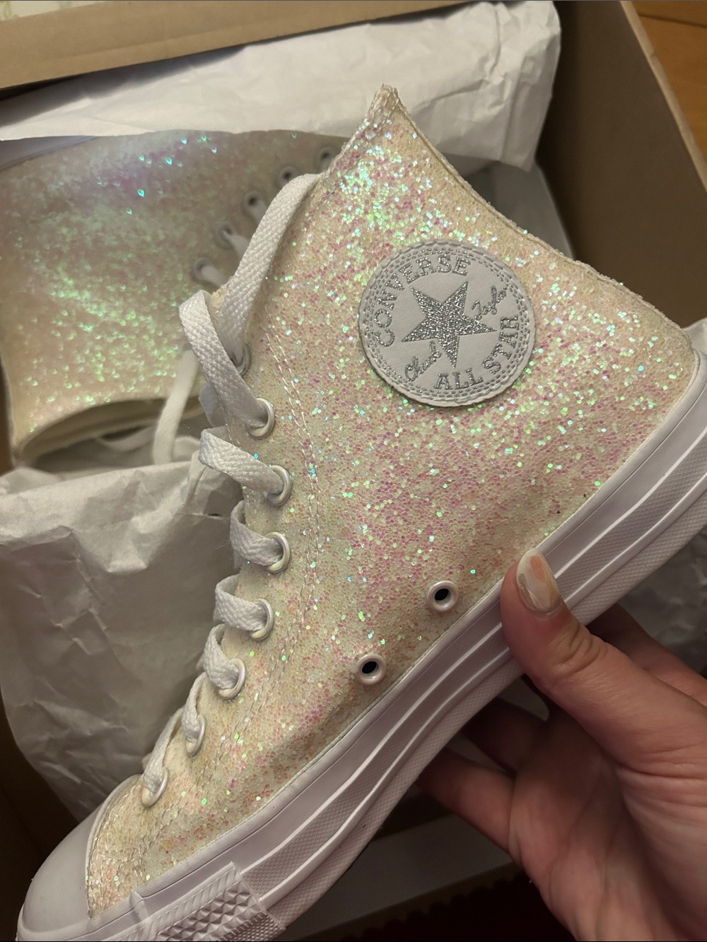 Converse High Top Glitter Sneakers in Iridescent Pink - Picture 3 of 7